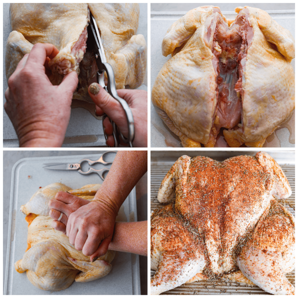 First photo of cutting out the backbone of the chicken with kitchen shears. Second photo of the backbone of the chicken removed. Third photo of flattening out the bird. Fourth photo of the spatchcocked chicken topped with seasonings.