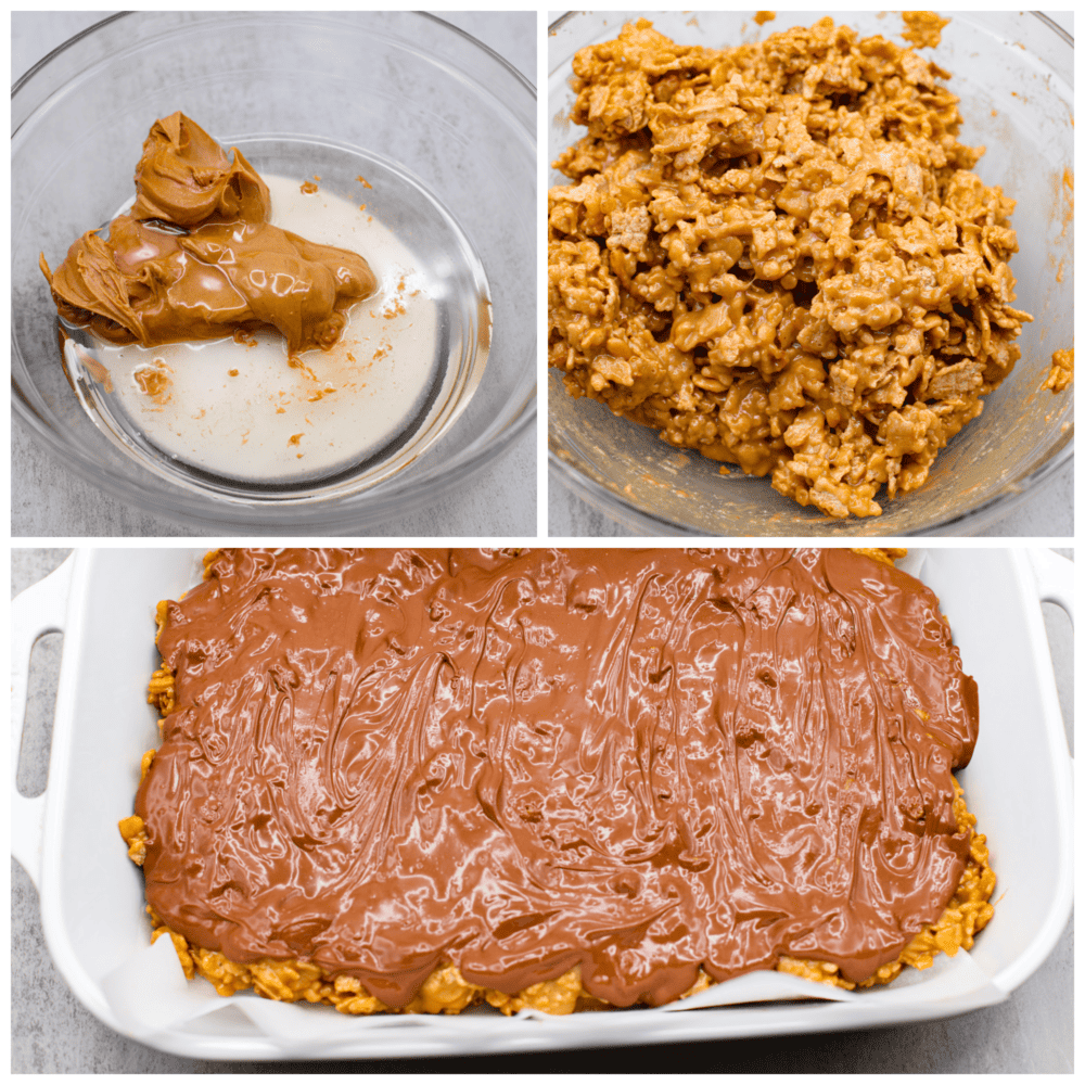 3 pictures showing how to mix all of the ingredients together and spread them in a pan. 6