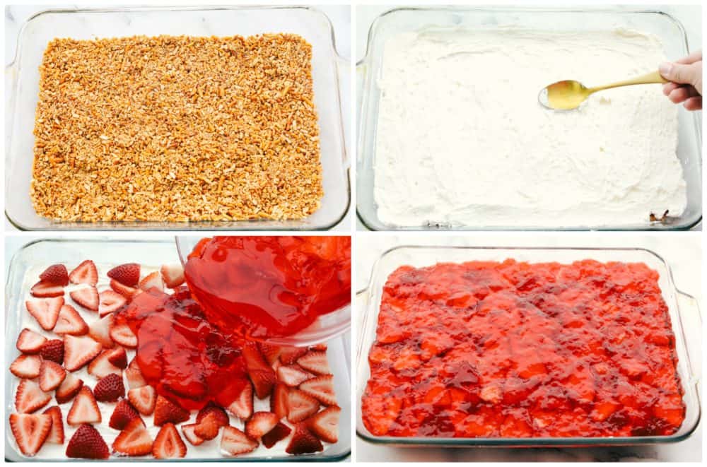 Making strawberry pretzel salad, step by step.