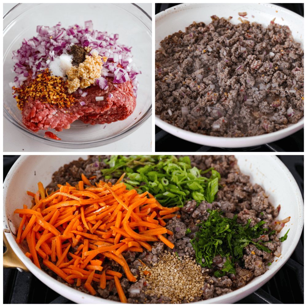 3-photo collage of the beef mixture and vegetables being cooked together.