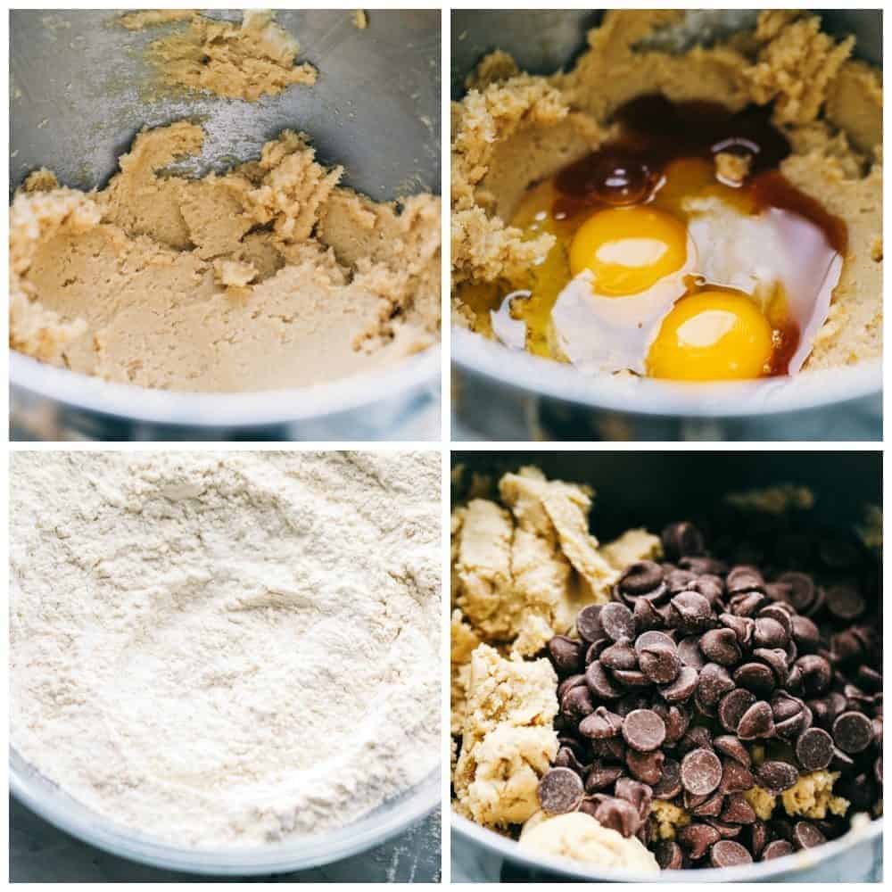 4 pictures in a collage showing how to mix all of the ingredients together. 