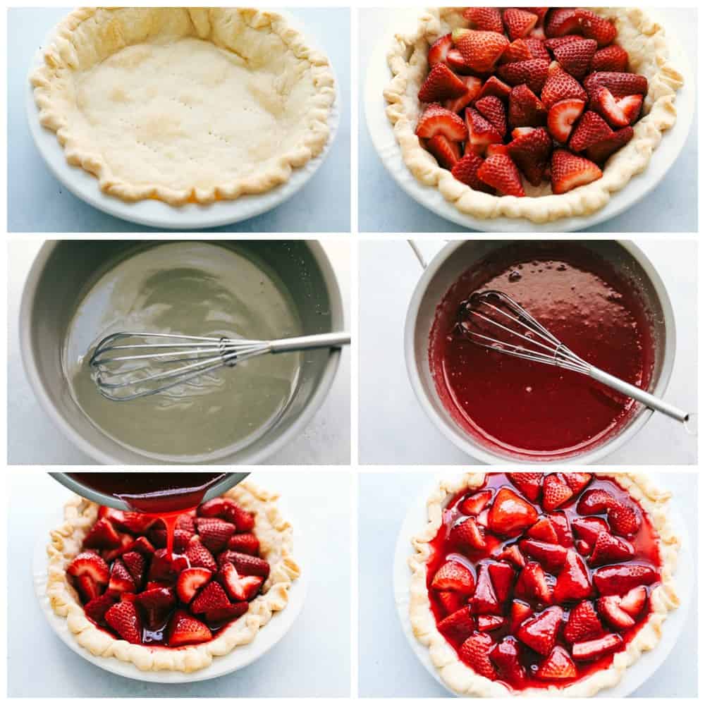 6-photo collage of each step to make a homemade strawberry pie.