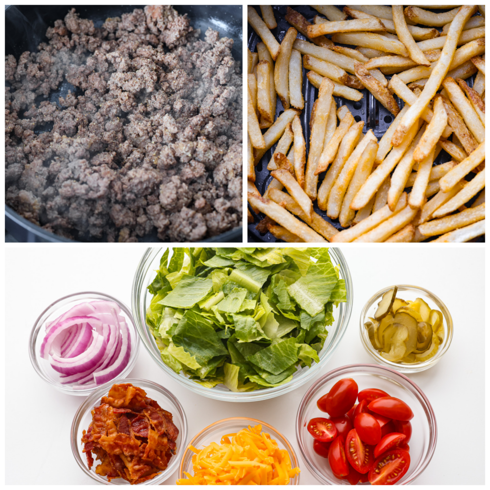 3-photo collage of the burger bowl toppings.