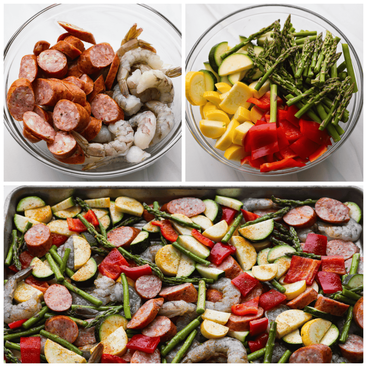First photo of sliced sausage and raw shrimp in a bowl. Second photo of the vegetables cut in a bowl. Third photo of the ingredients seasoned with cajun seasoning and placed on a sheet pan ready to be baked.