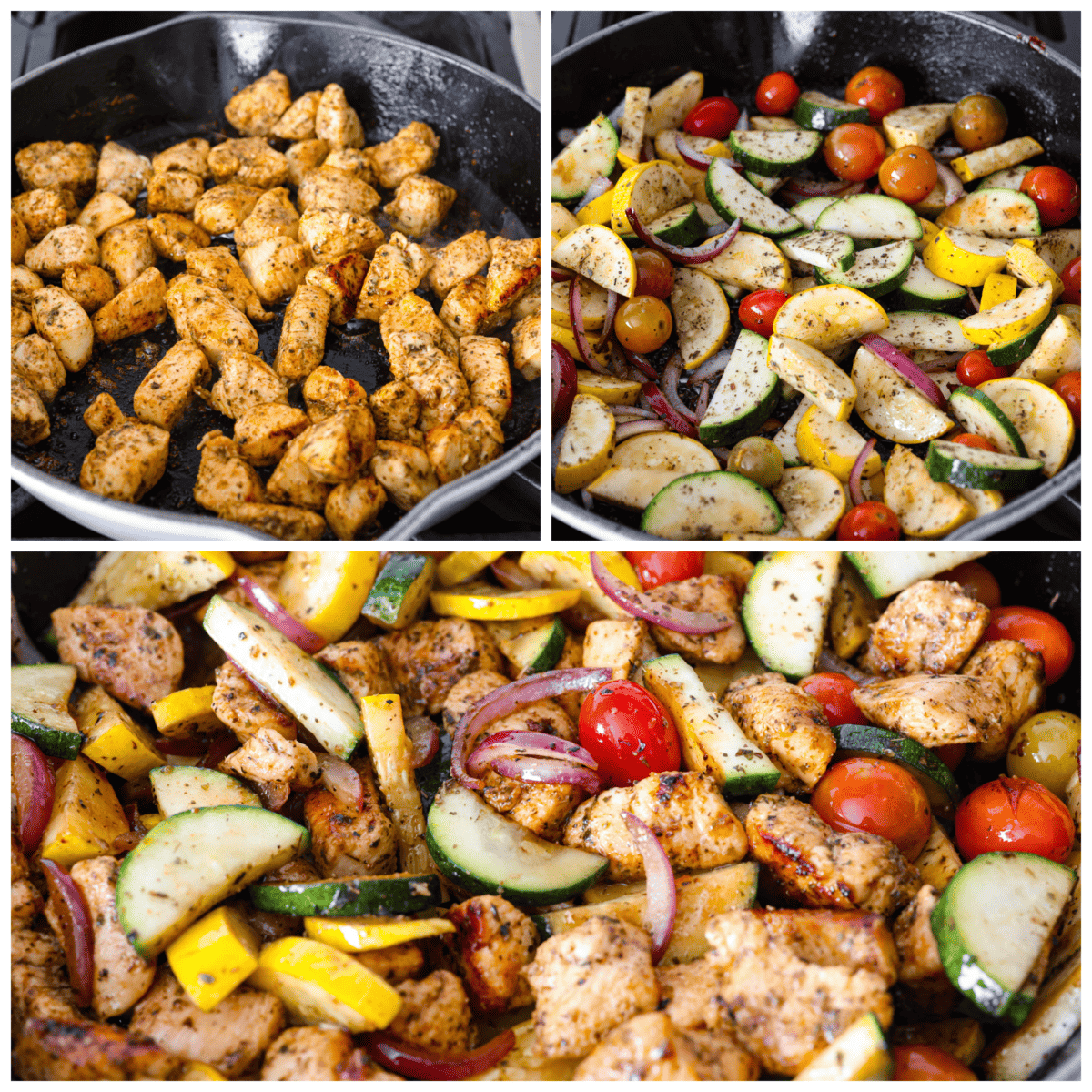 First photo of the chicken cooking in a skillet. Second photo of the vegetables cooking in a skillet. Third photo of cooked chicken and vegetables combined together in a skillet.