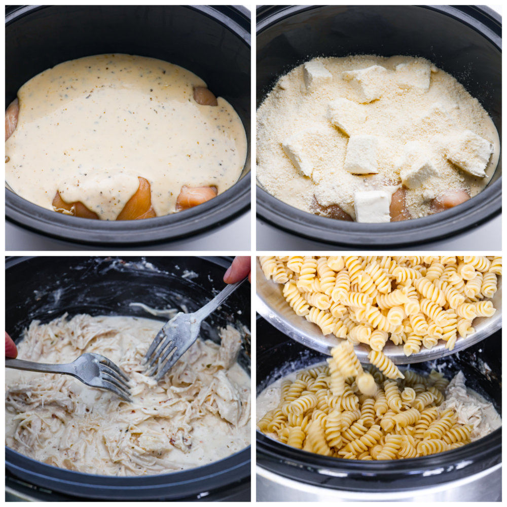 4-photo collage of the chicken, sauce, and pasta being added to a slow cooker.