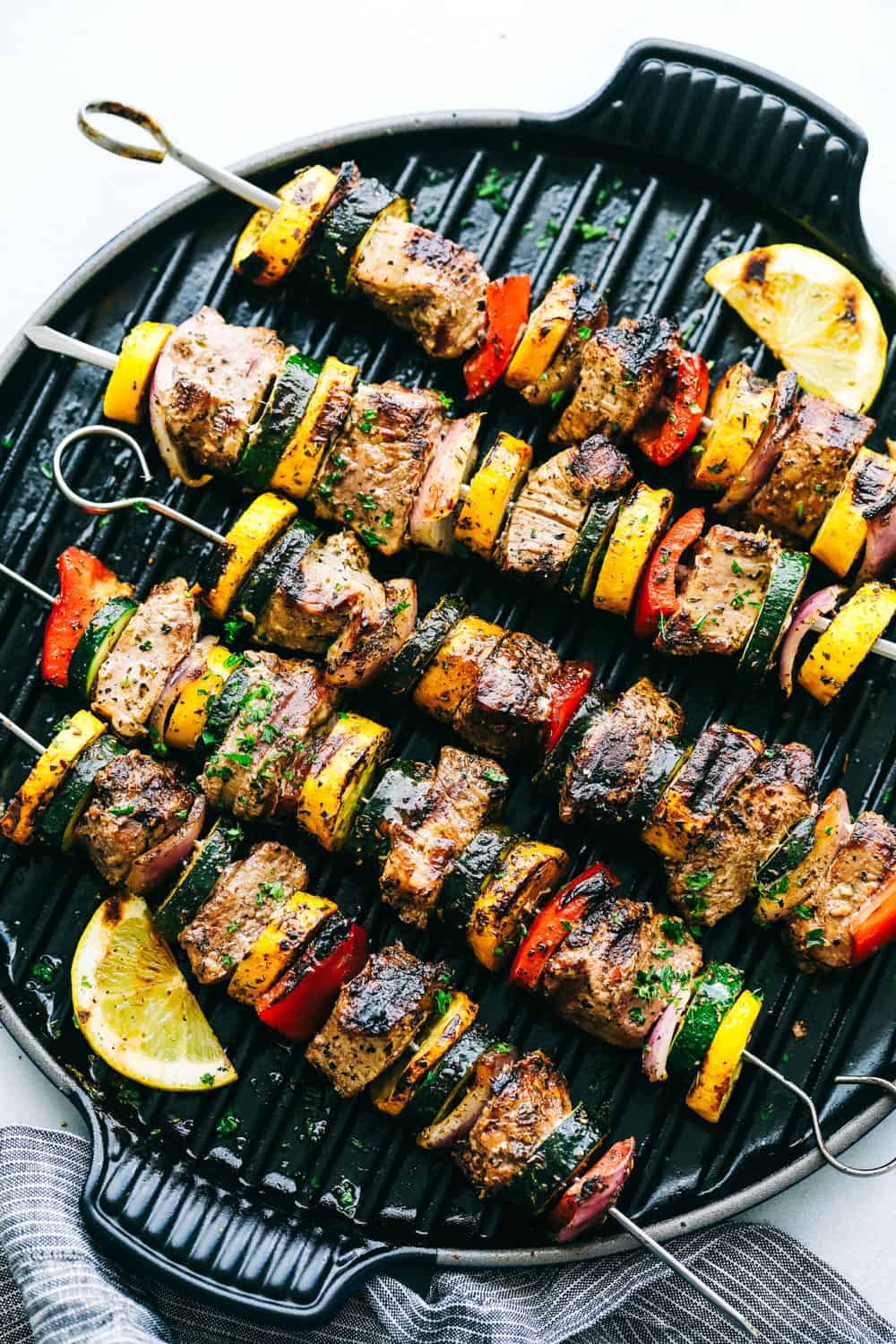 Grilled Tuscan Pork Skewers on a grill pan.