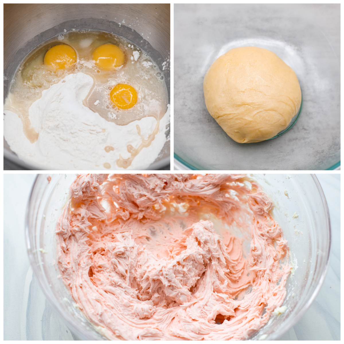 3 pictures showing how to make the batter and the frosting, 