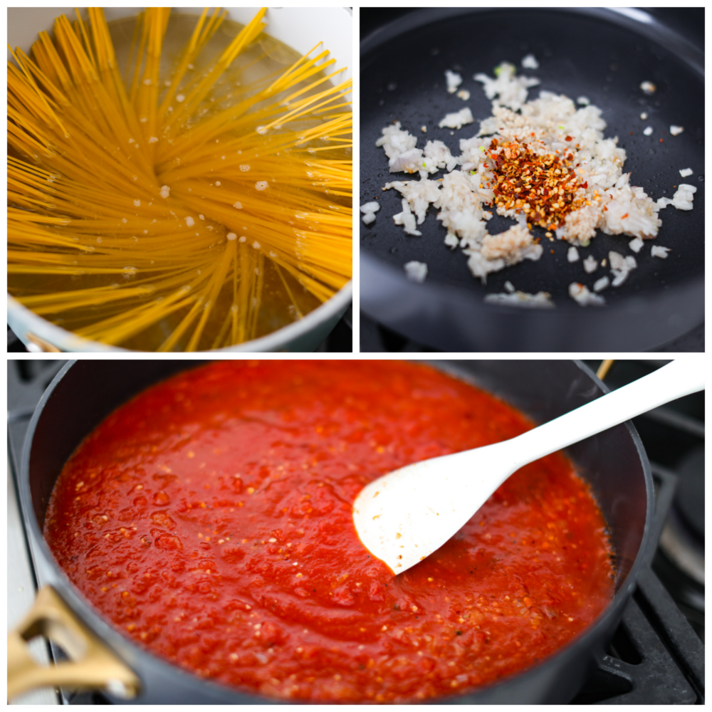 3 pictures showing how to make the pasta and sauce. 