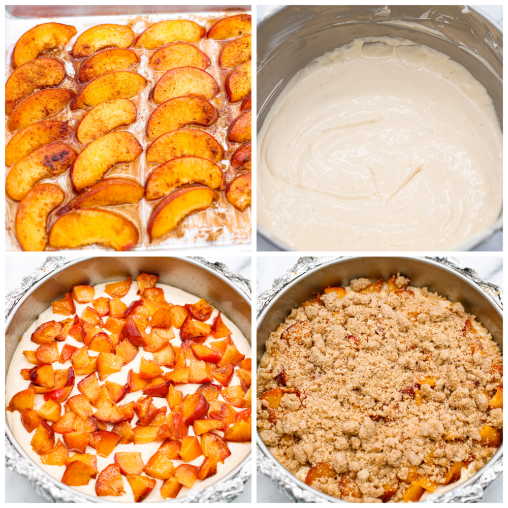 4 photos showing how to make the peaches, the batter and assemble the cheesecake. 