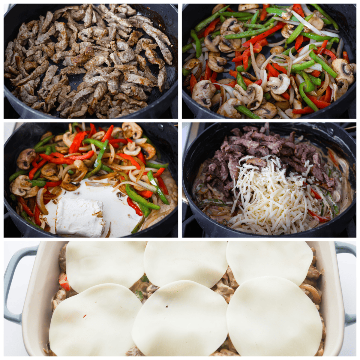 5 pictures showing how to cook the meat and veggies in a skillet. 