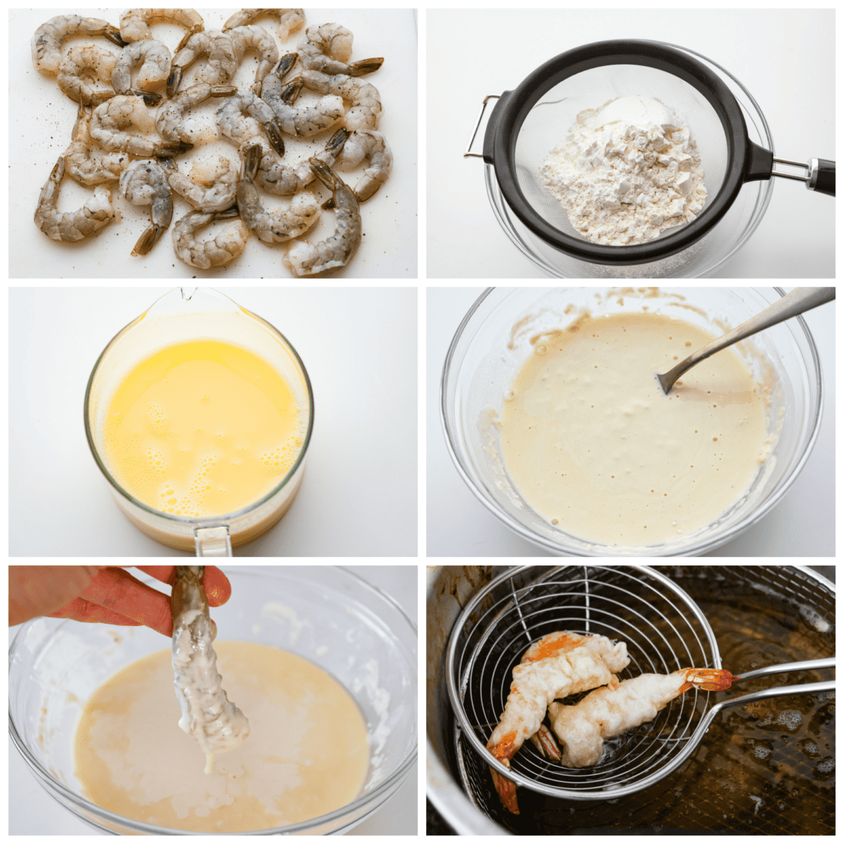 6-photo collage of the shrimp being battered and fried.