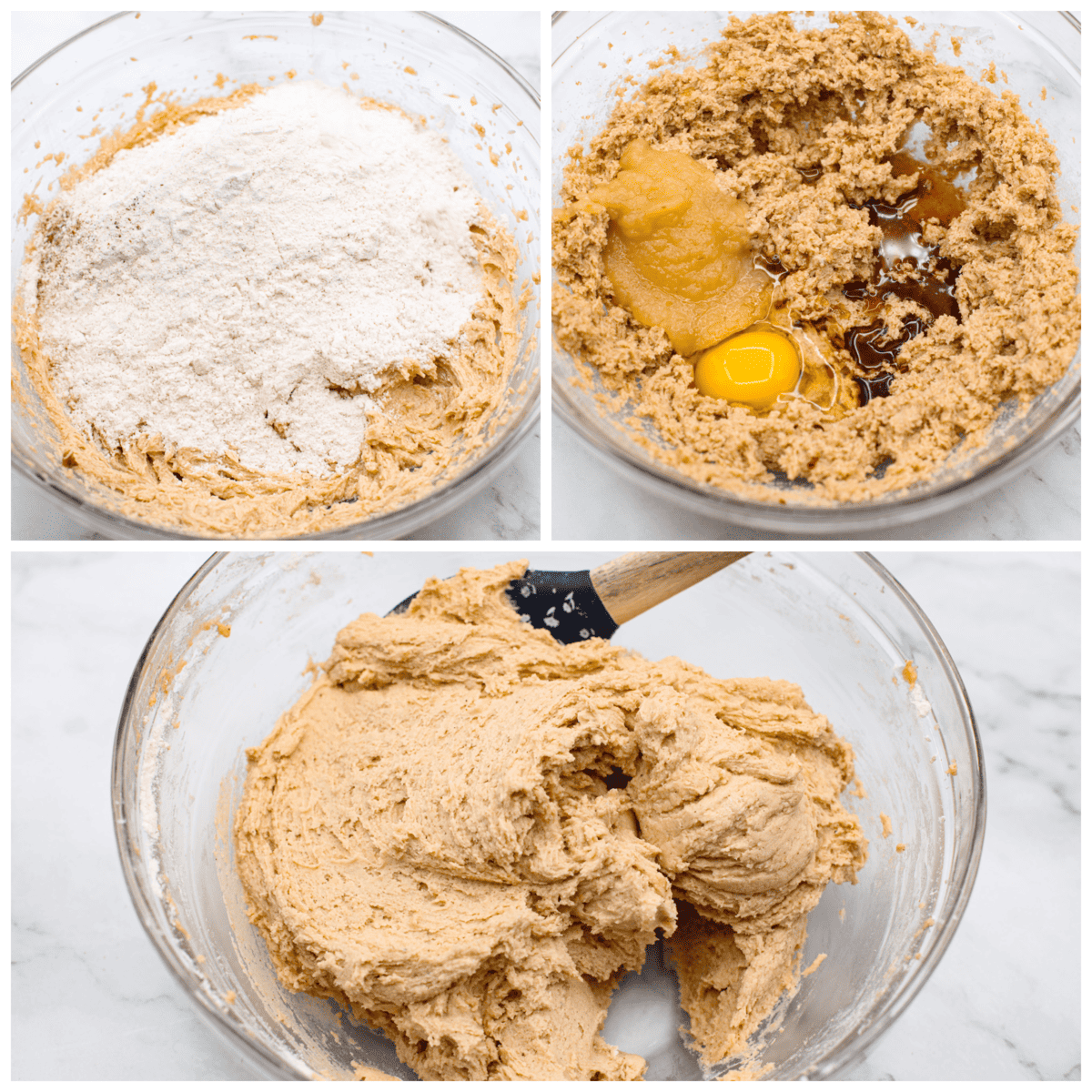 3 pictures showing how to mix up the cookie dough. 