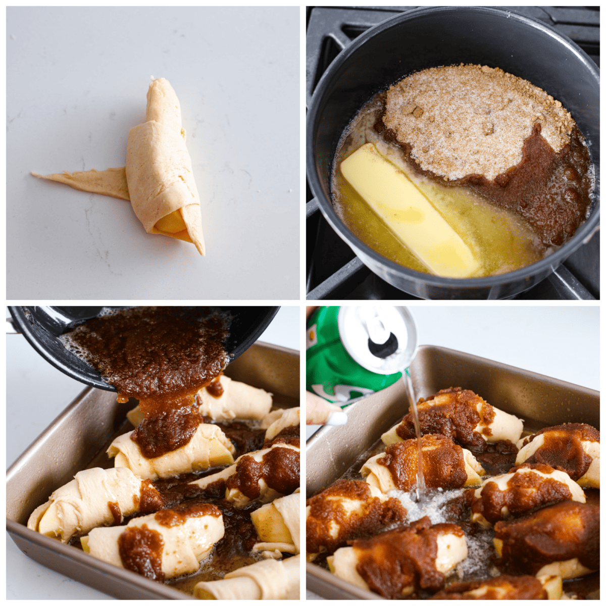 First photo of an apple slice wrapped in crescent roll dough. Second photo of the butter, sugar, and spices in a saucepan. Third photo of the sauce pouring over the dumplings. Fourth photo of the sprite being poured around the dumplings in the pan before it bakes.