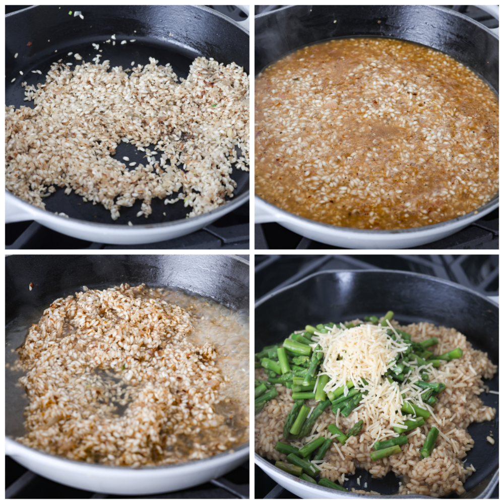 4-photo collage of vegetables being sauteed and risotto being prepared.