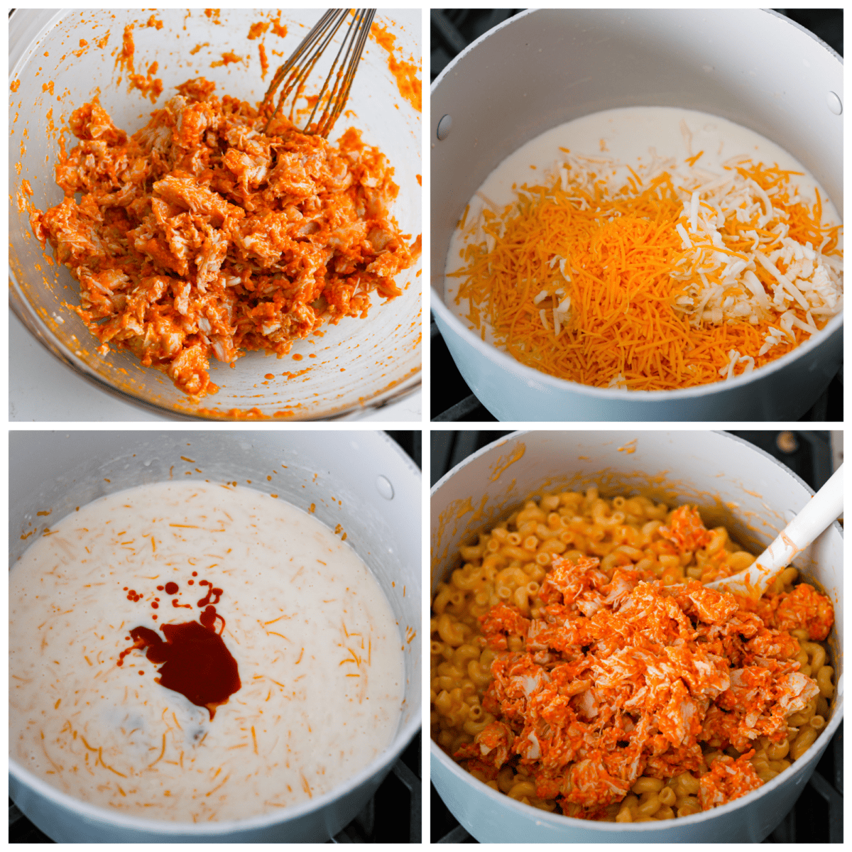 First photo of chicken coated in buffalo sauce. Second photo of cheese and milk added to the pot. Third photo of hot sauce added to the pot. Fourth photo of buffalo chicken added to the pot of macaroni and cheese.
