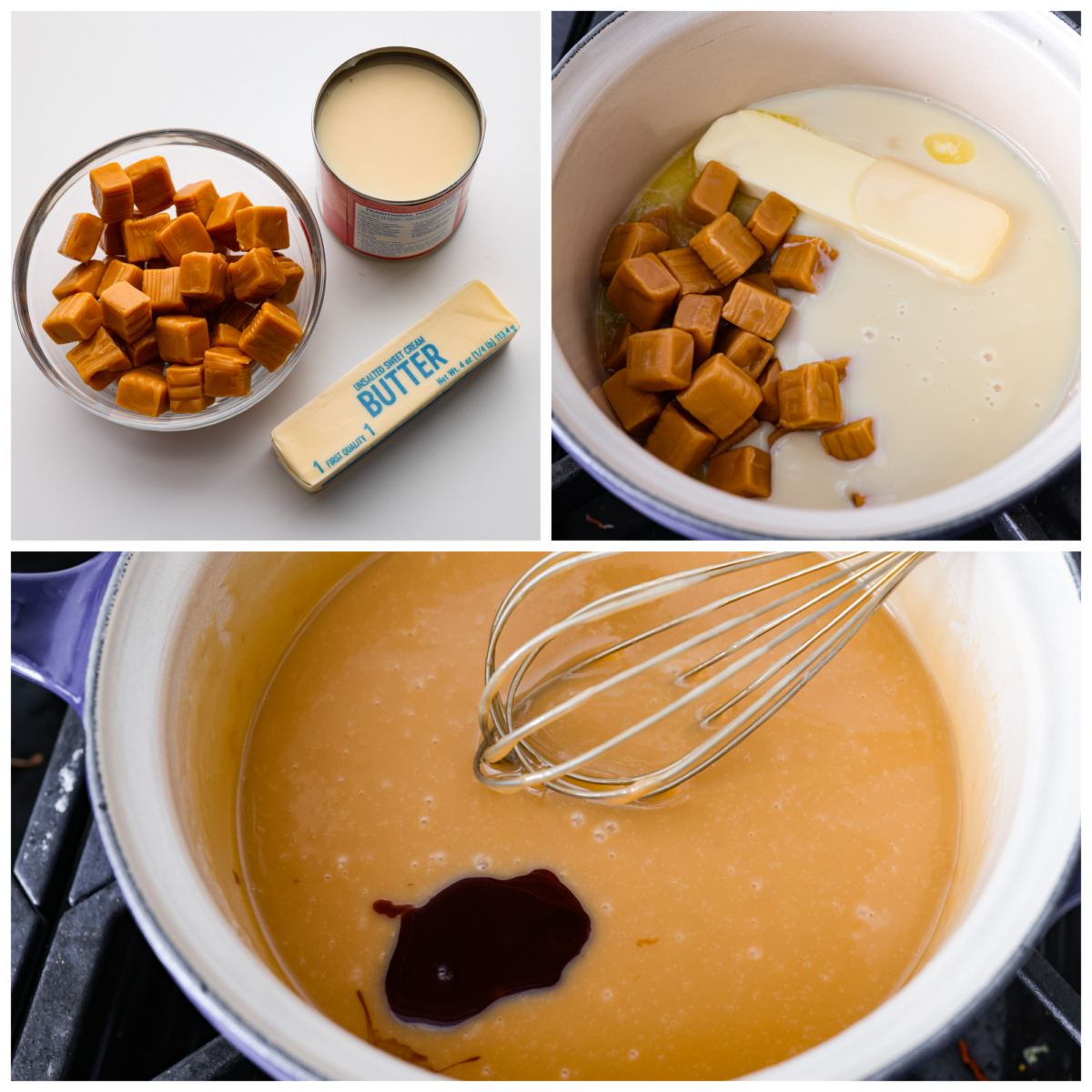 3-photo collage of caramels, condensed milk, and butter being whisked together.