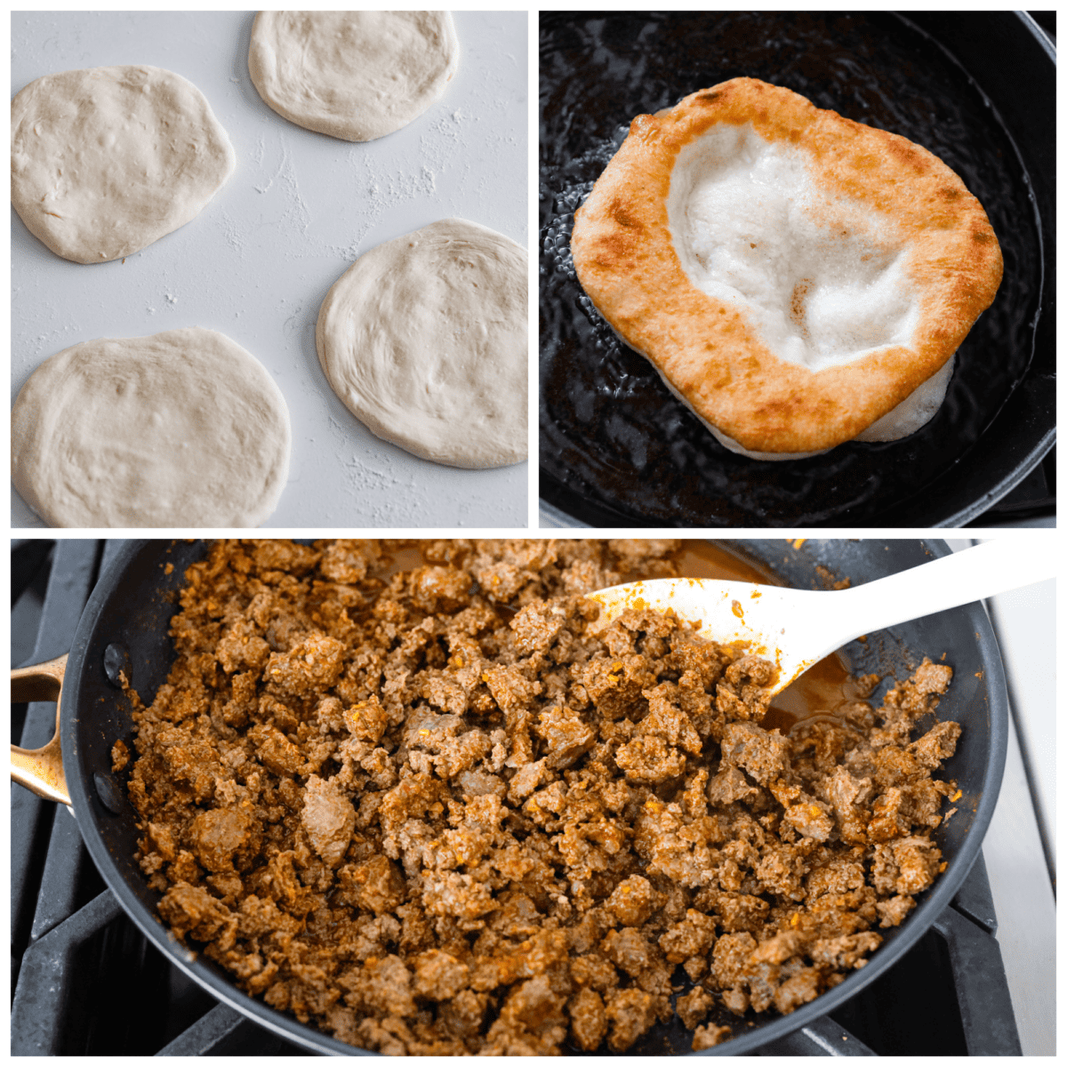 Collage of the wraps being fried and the ground beef being browned in a skillet.