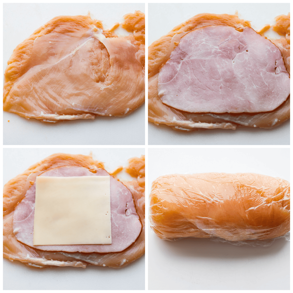 First photo of chicken pounded thin. Second photo of ham layered on top of the chicken. Third photo of cheese layered on the ham. Fourth photo of chicken rolled into a log and wrapped in plastic wrap.