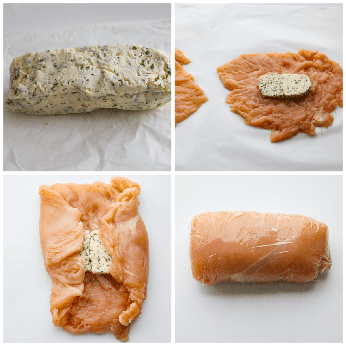 4-photo collage of chicken breasts being filled with compound butter.