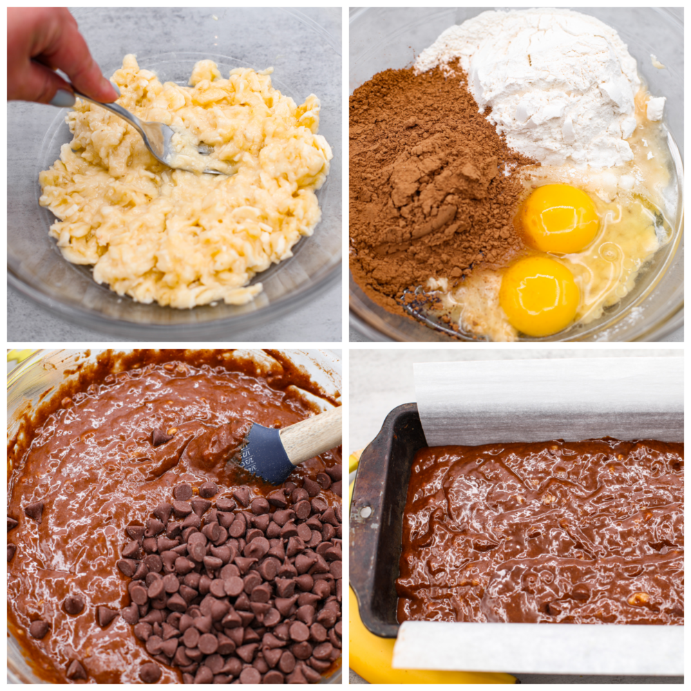 First photo of mashed bananas in a bowl. Second photo of cocoa powder, flour, eggs, and oil added to the bowl. Third photo of chocolate chips being folded into the batter. Fourth photo of the batter inside the loaf pan.