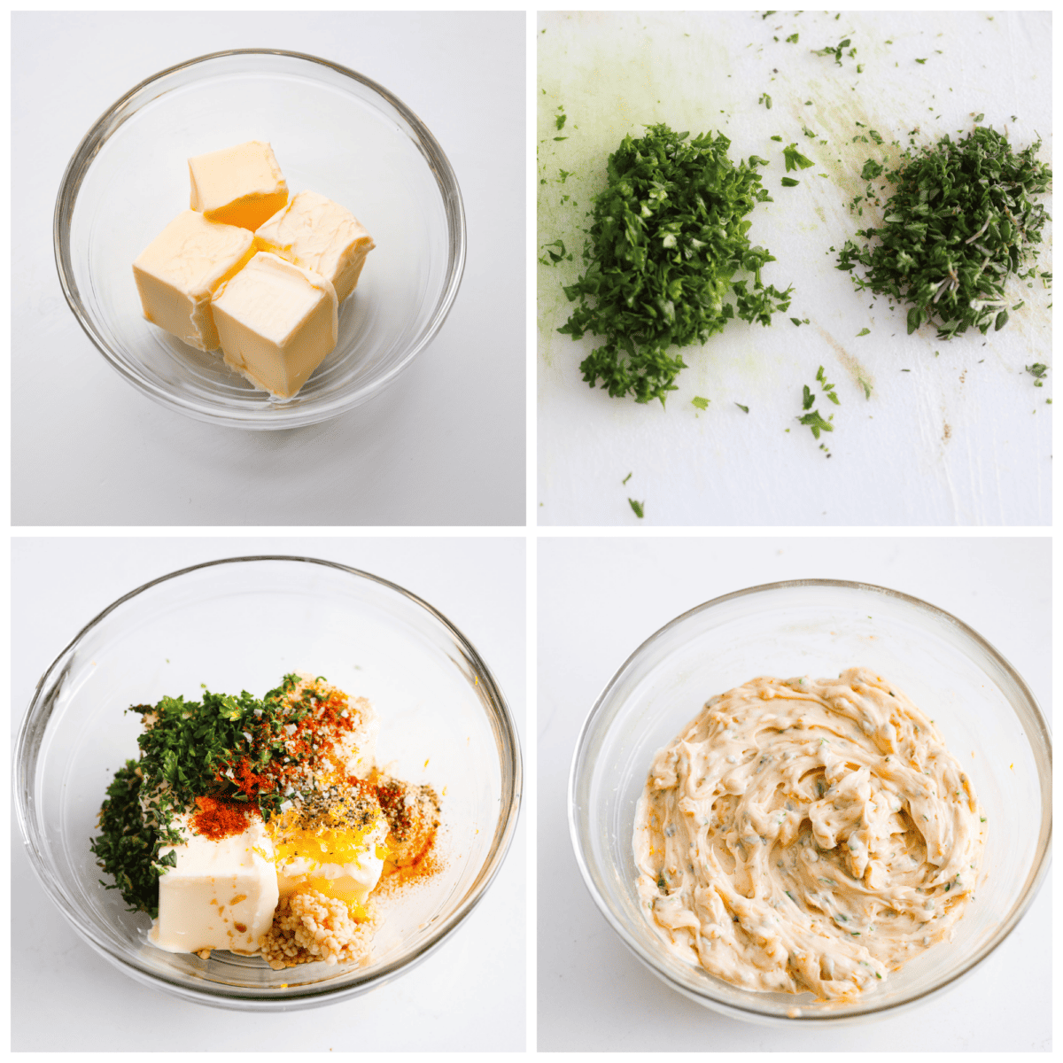 First photo of softened butter in a bowl. Second photo of fresh herbs chopped. Third photo of the ingredients added to the bowl of butter. Fourth photo of cowboy butter mixed in a bowl.