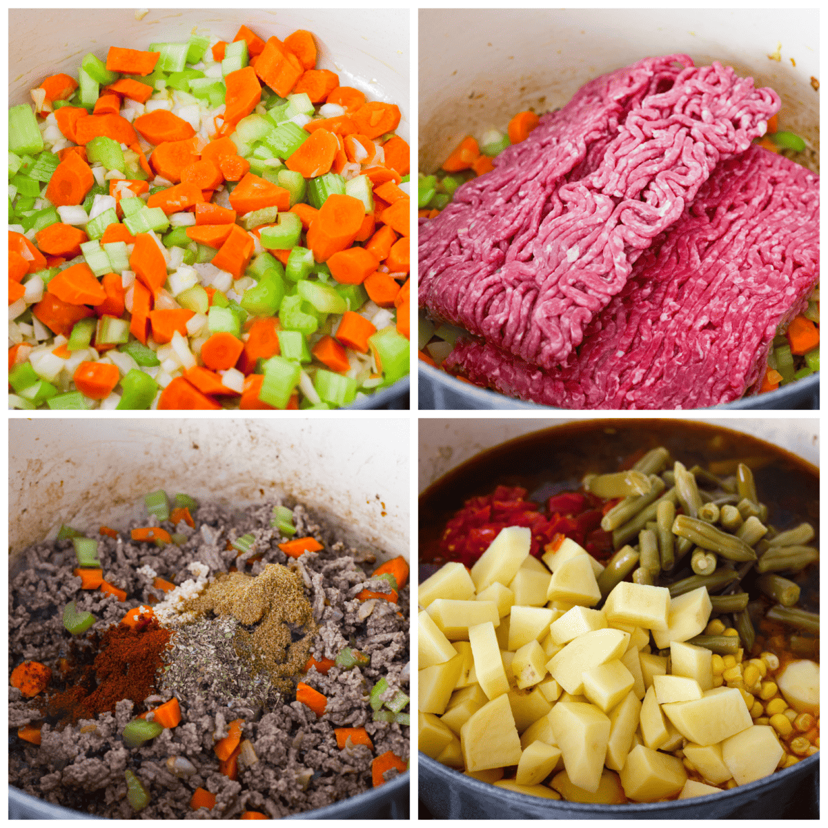 4 pictures showing how to mix the ingredients in the pot. 