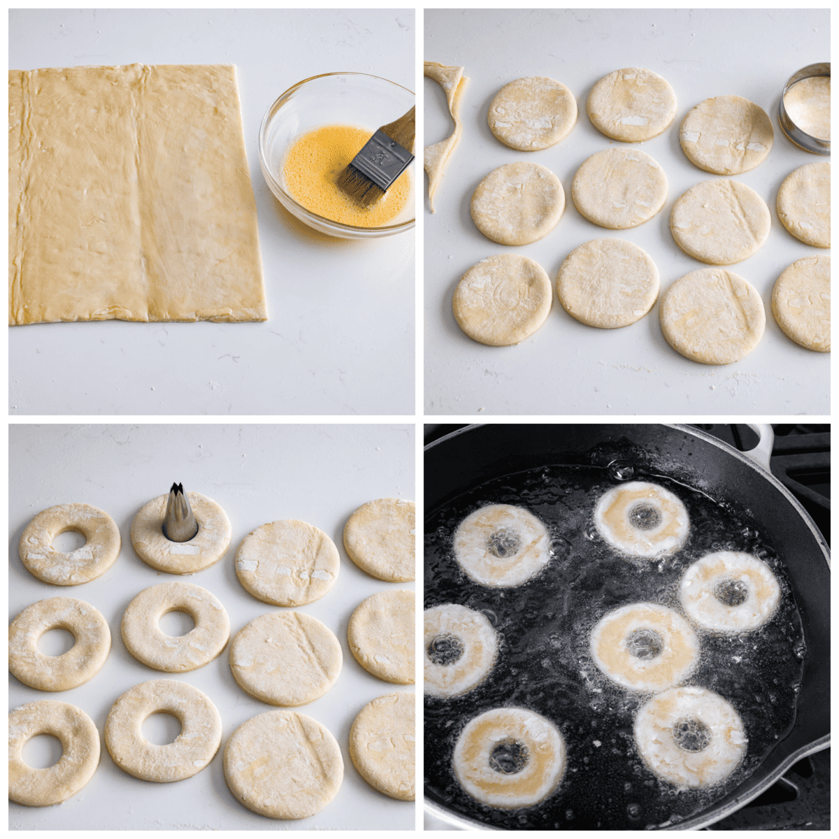 4 pictures showing how to cut and fry the cronut dough. 