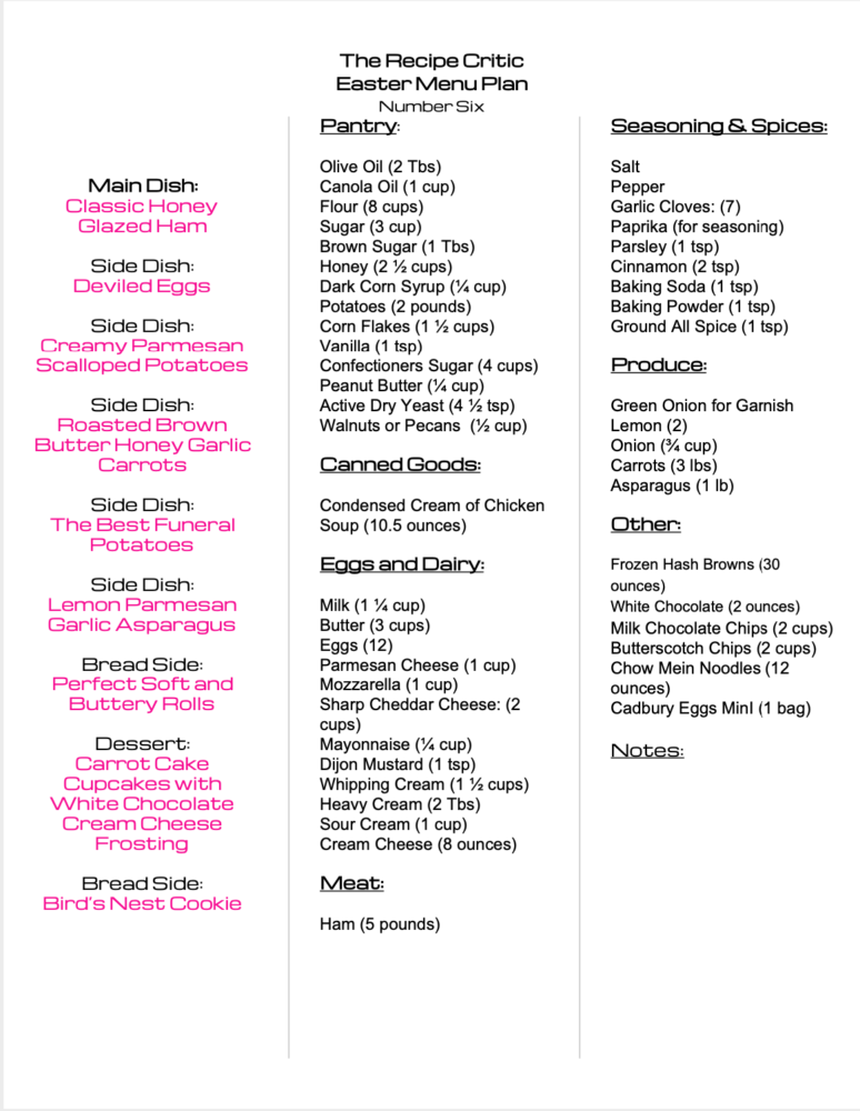 Easter weekly menu plan printable