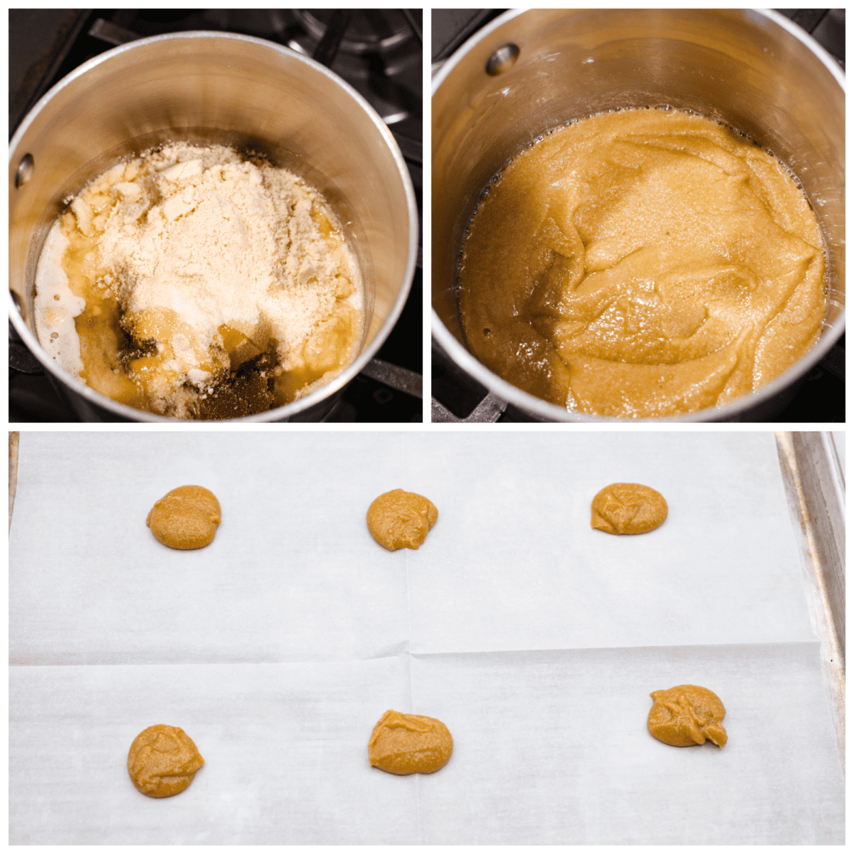 3-photo collage of cookie batter being mixed together and added to a parchment paper-lined baking sheet.