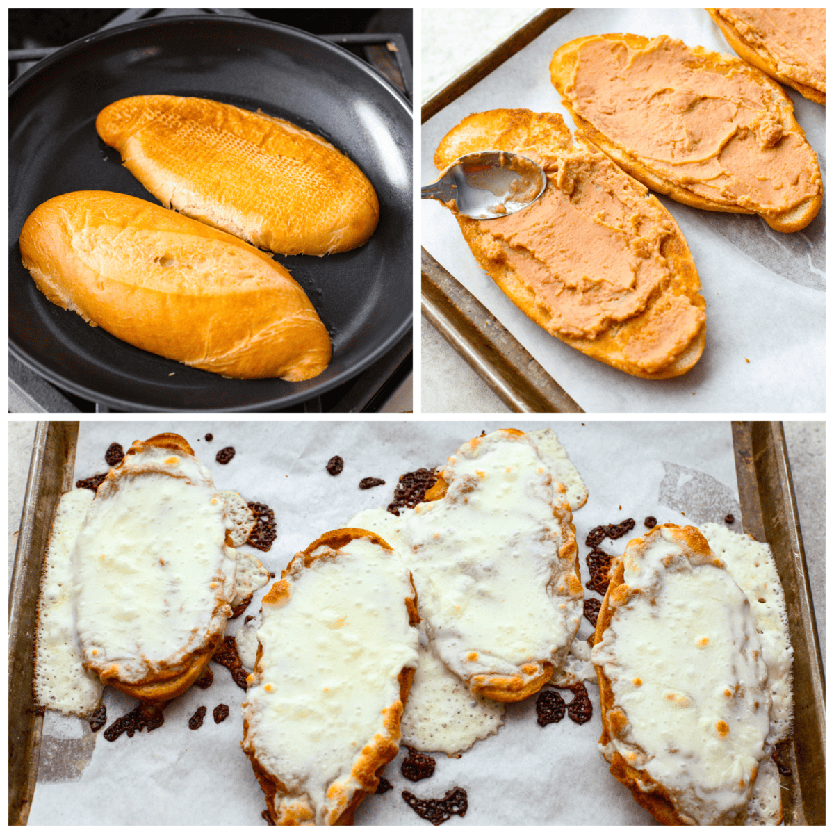 3-photo collage showing the process of preparing molletes by toasting the bread and adding various toppings.