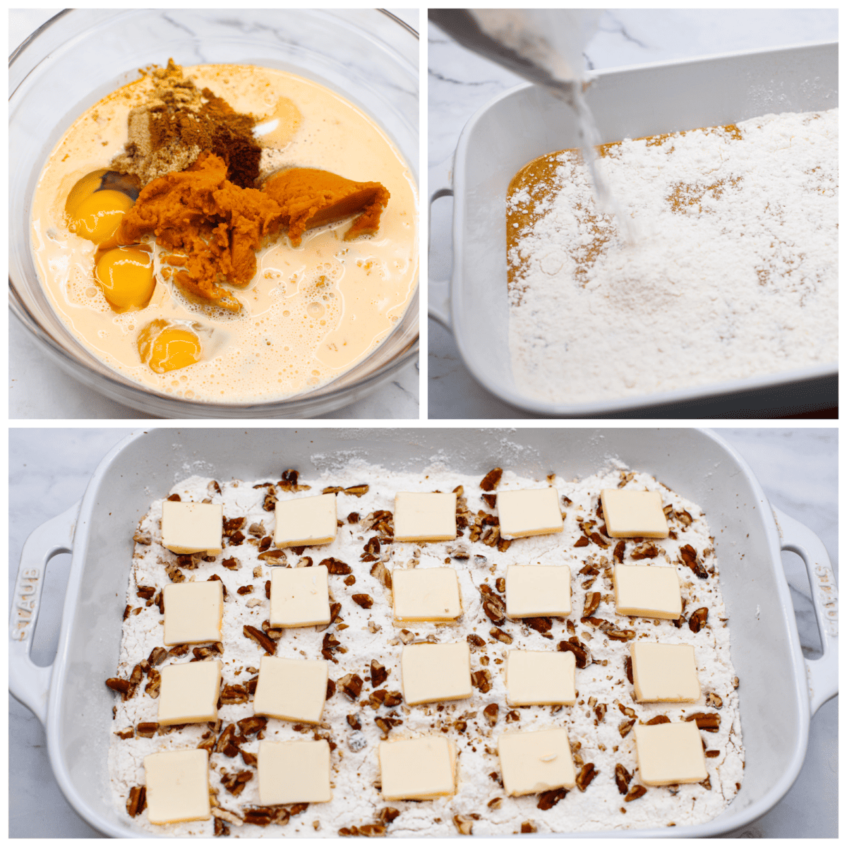 3 pictures showing how to make pumpkin dump cake. 