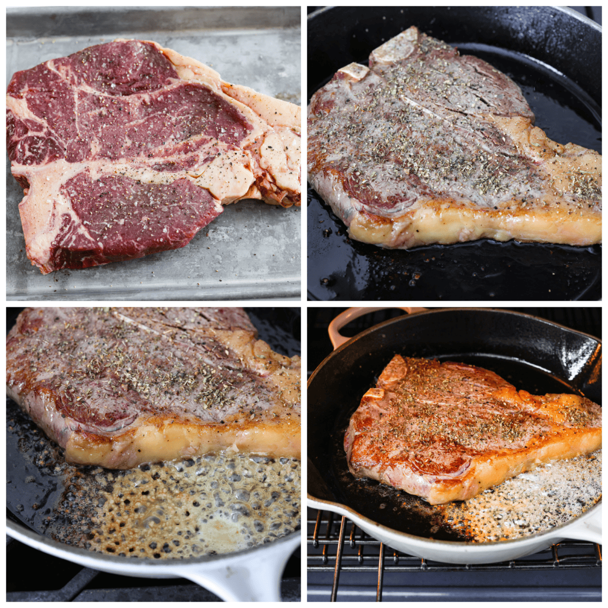 4-photo collage of the steak being seasoned and cooked.