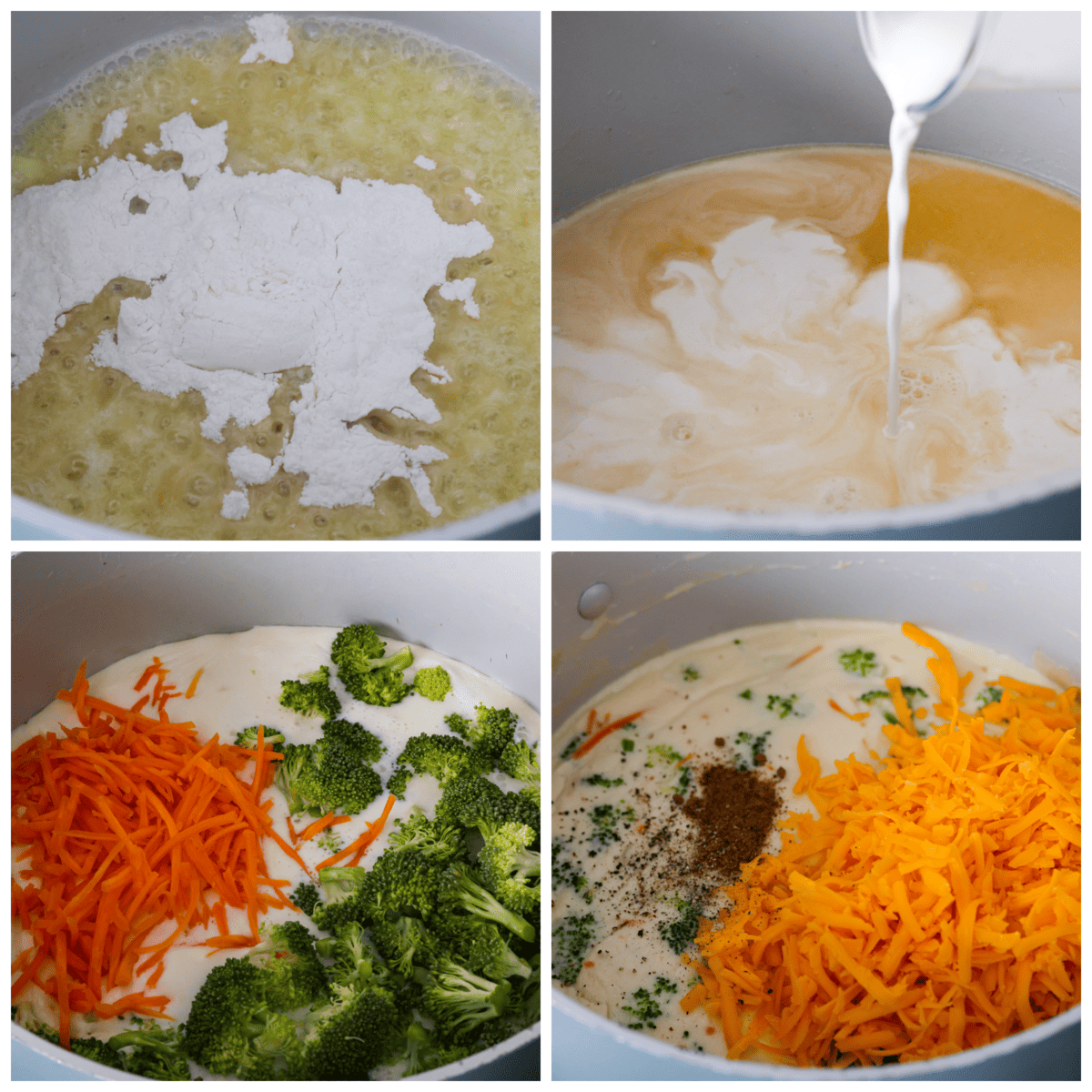 4 pictures showing the process of making the soup. 