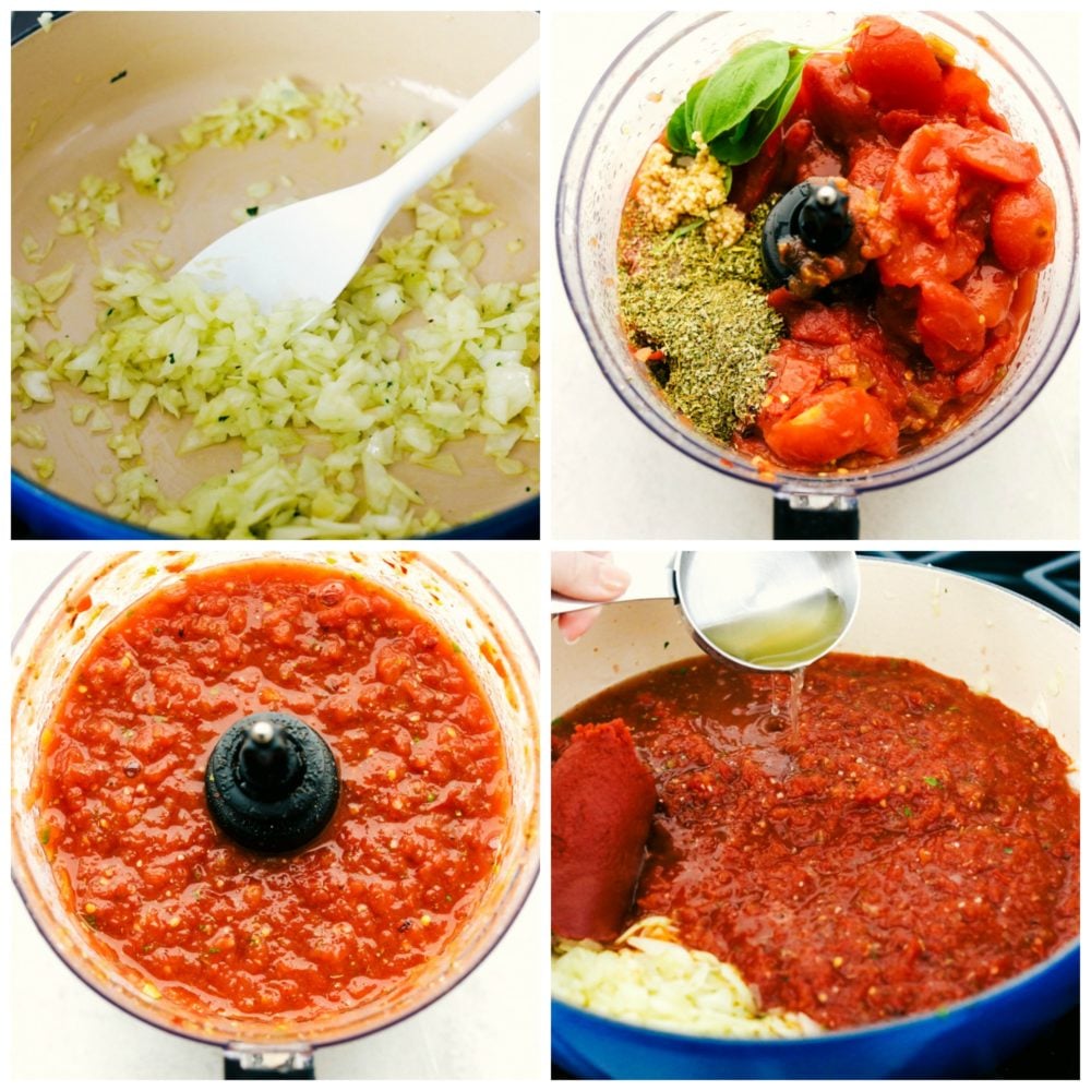 The process of making homemade marinara sauce from sautéing, food processing and then cooking over the stove top. 