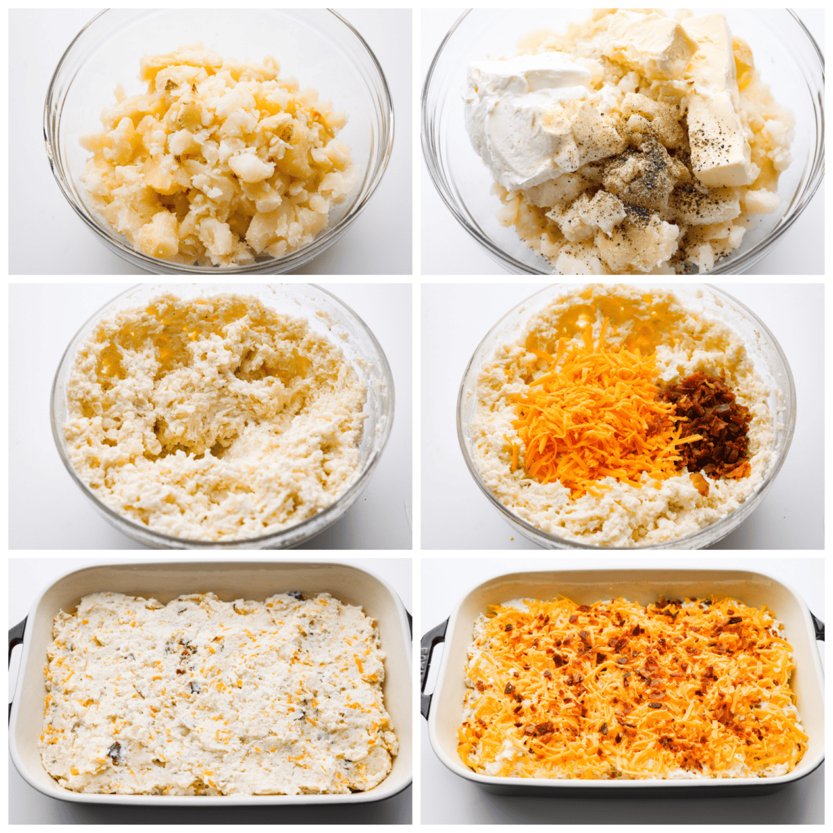 First photo of baked potatoes peeled and placed in a bowl. Second photo of butter, sour cream, milk, and seasonings added to the bowl of potatoes. Third photo of the potato mixture combined. Fourth photo of cheese and bacon added to the potato mixture. Fifth photo of potatoes in casserole dish. Sixth photo of cheese and bacon sprinkled on top before baking.