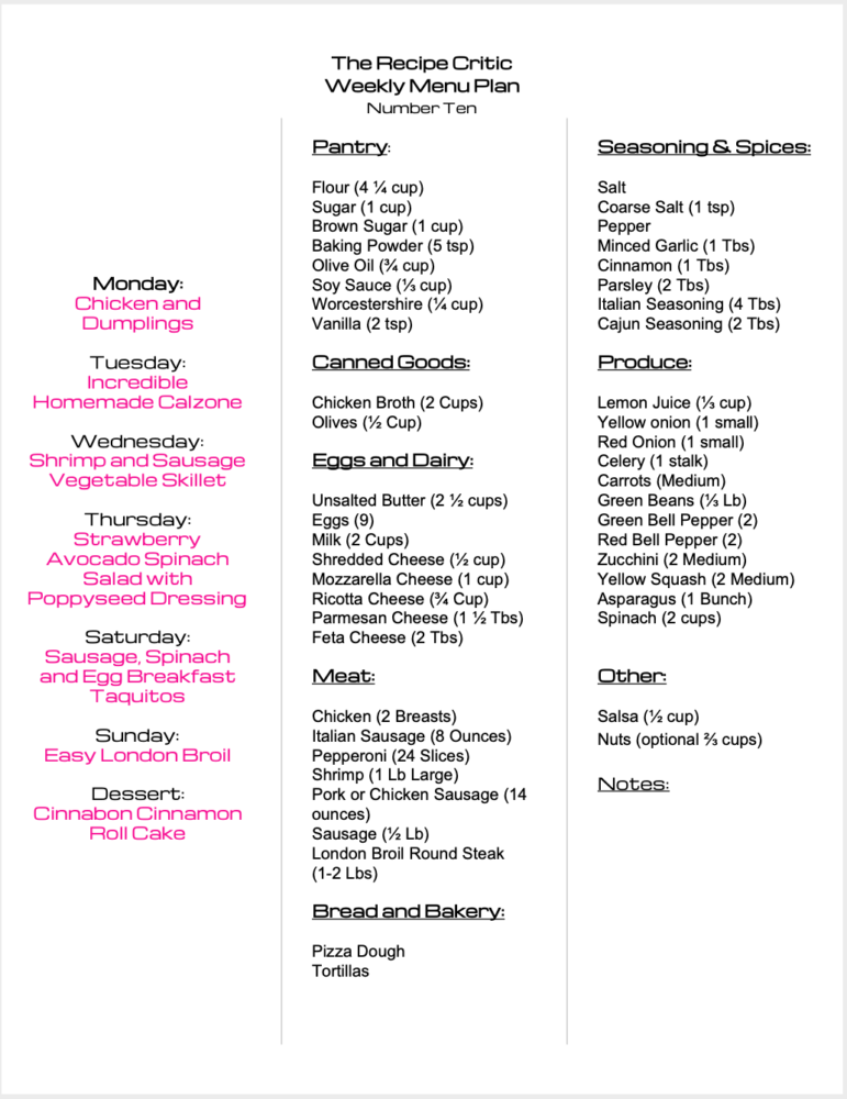 Weekly Menu Plan grocery list that you can print.