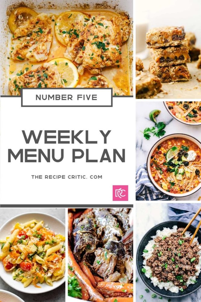 Weekly menu plan photos in a collage with all the recipes. 