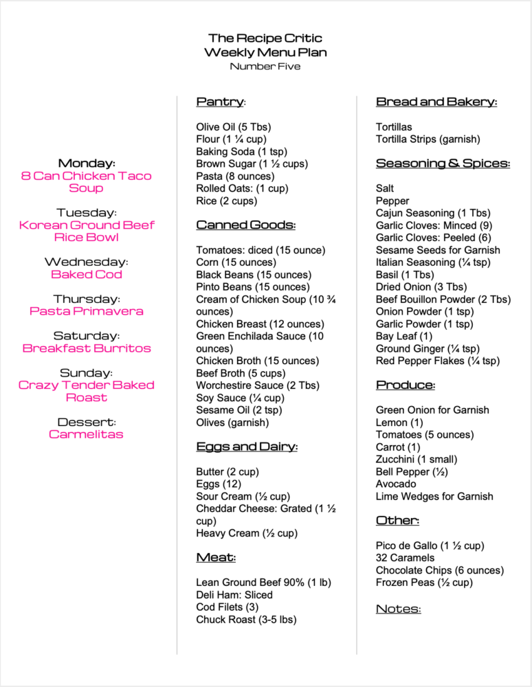 Weekly menu plan grocery list to print off.