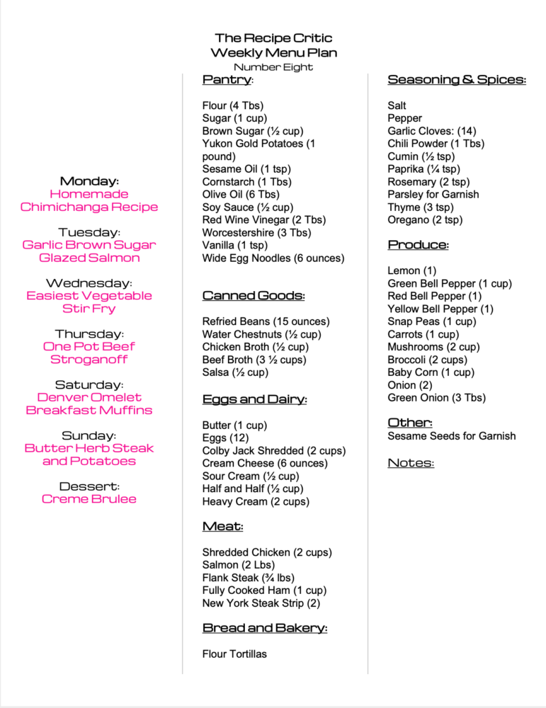 Weekly menu plan 8 printable grocery list.