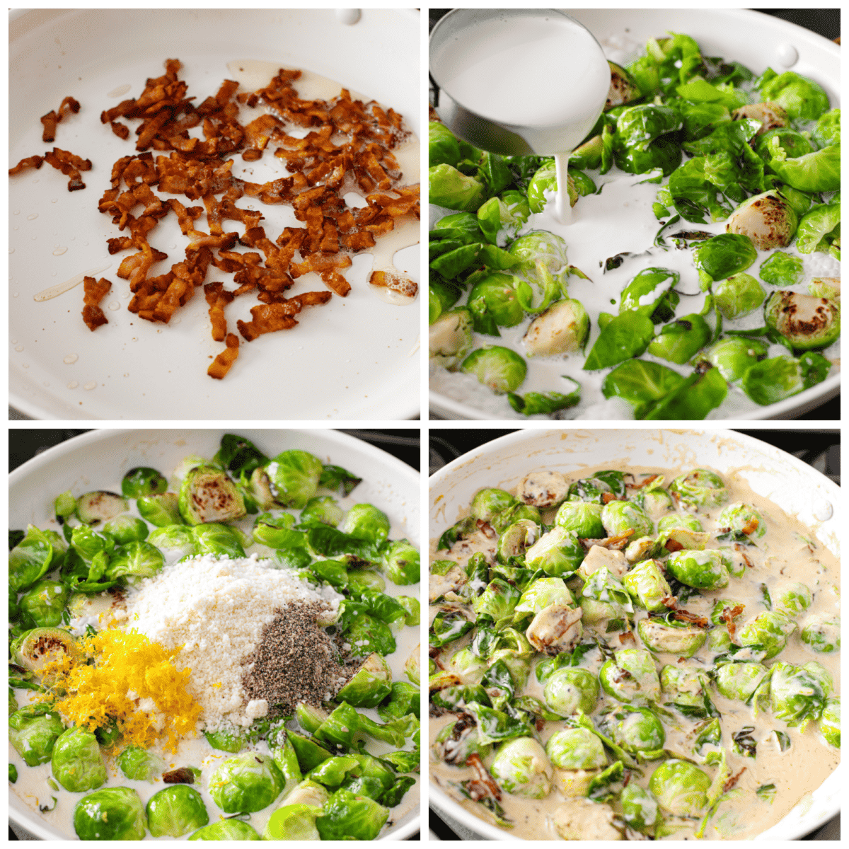 4-photo collage of bacon, Brussels Sprouts, sauce, and cheese being added to a baking dish.
