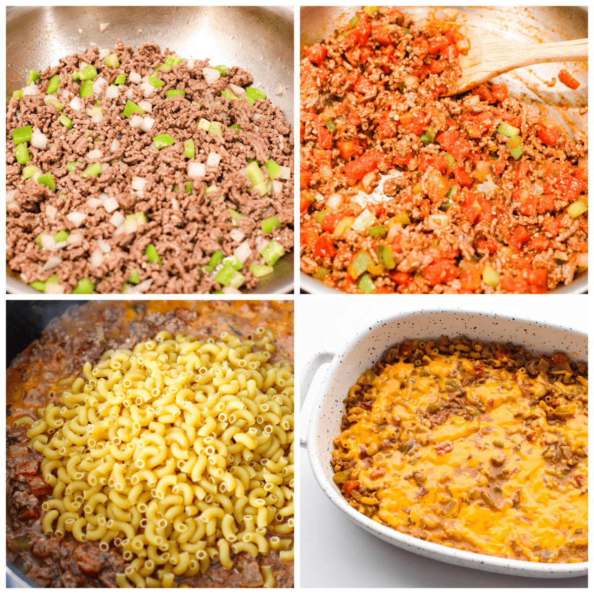 4-photo collage of the ground beef being browned and then combined with veggies, pasta, and cheese.