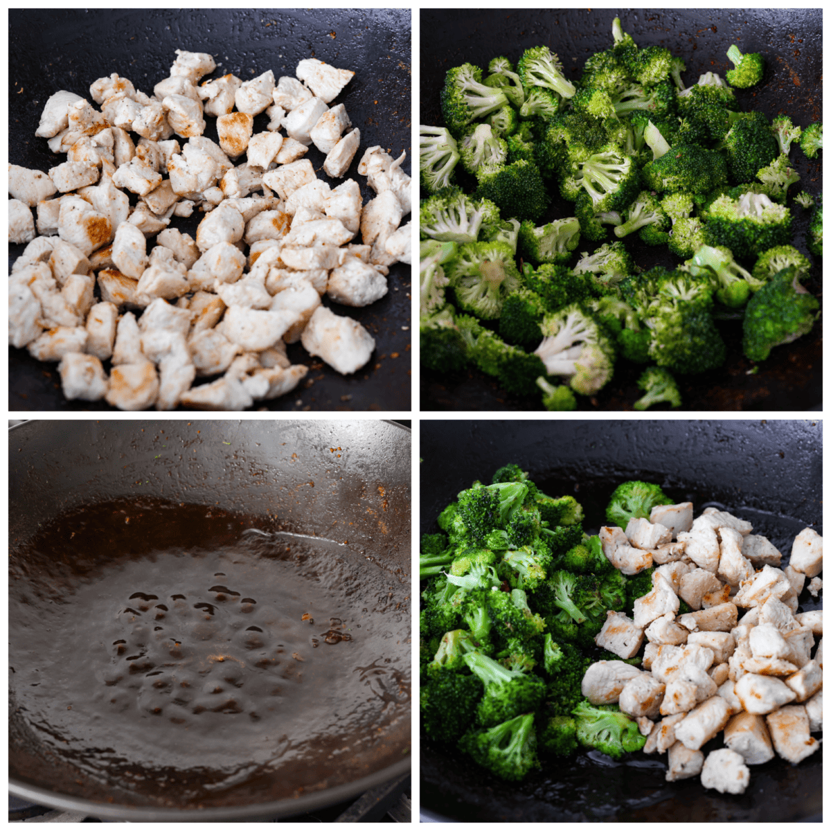 4-photo collage of the chicken, vegetables, and sauce being prepared.