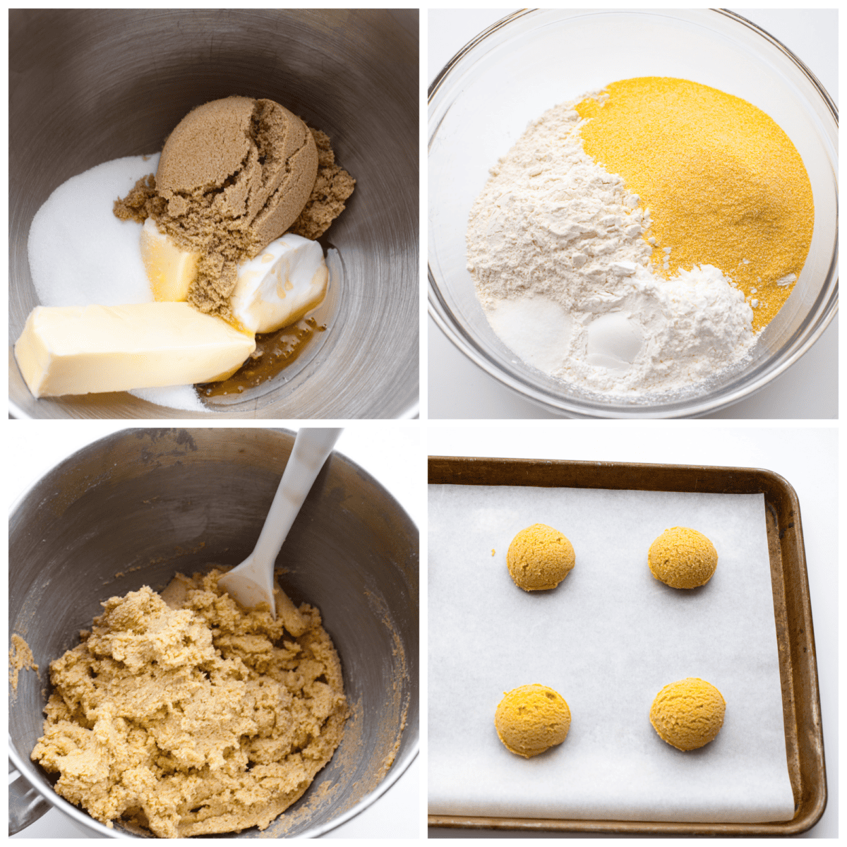 First photo of butter, shortening, and sugars added to a mixing bowl. Second photo of dry ingredients in a bowl. Third photo of cornbread cookie dough mixed in a large bowl. Fourth photo of dough balls on a baking sheet.