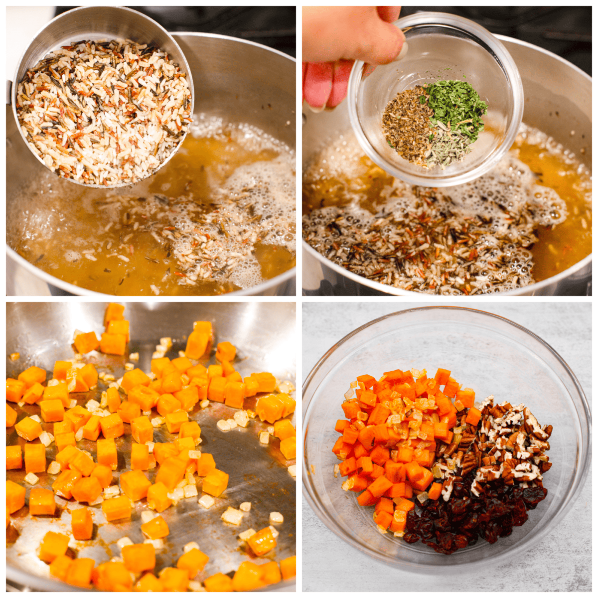 First process photo of wild rice being added to a saucepan of broth. Second process photo of the herbs being added to the wild rice. Third process photo of the diced sweet potato and onions cooking in a skillet. Fourth process photo of the chopped pecans, craisins, and sweet potato in a bowl.