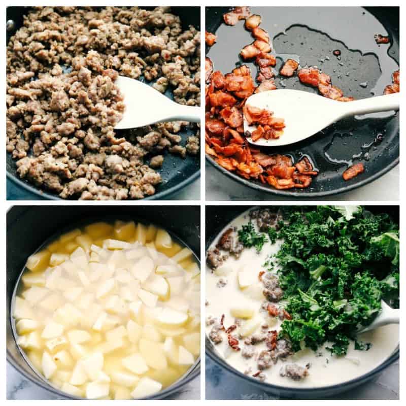 4 pictures showing step by step how to make creamy Zuppa Toscana soup. 