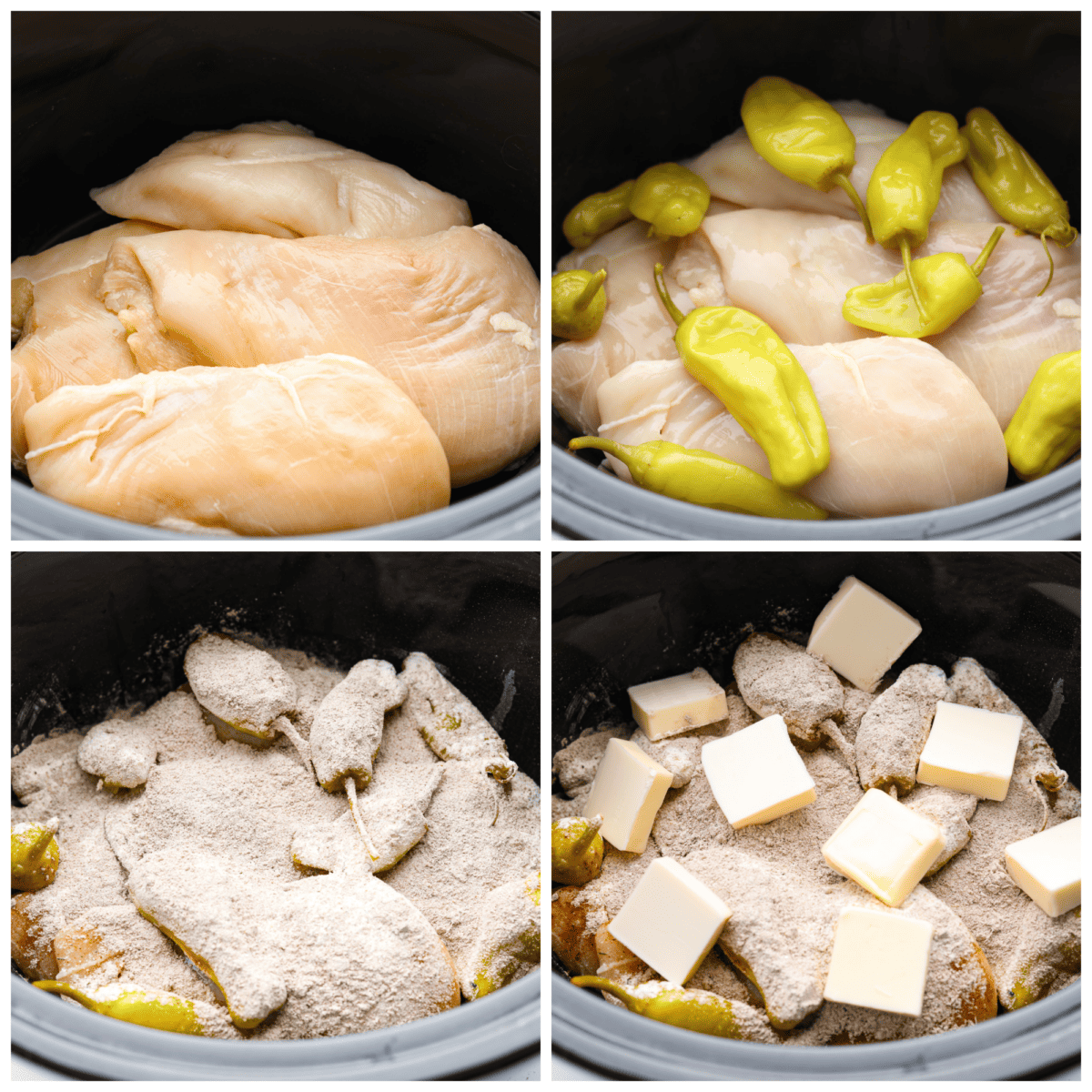 4-photo collage of chicken breasts being added to a Crockpot along with pepperoncinis, seasonings, and butter.