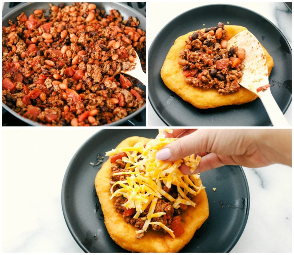 Ground beef and beans cooked together then added on top of fry bread with sprinkled cheese.