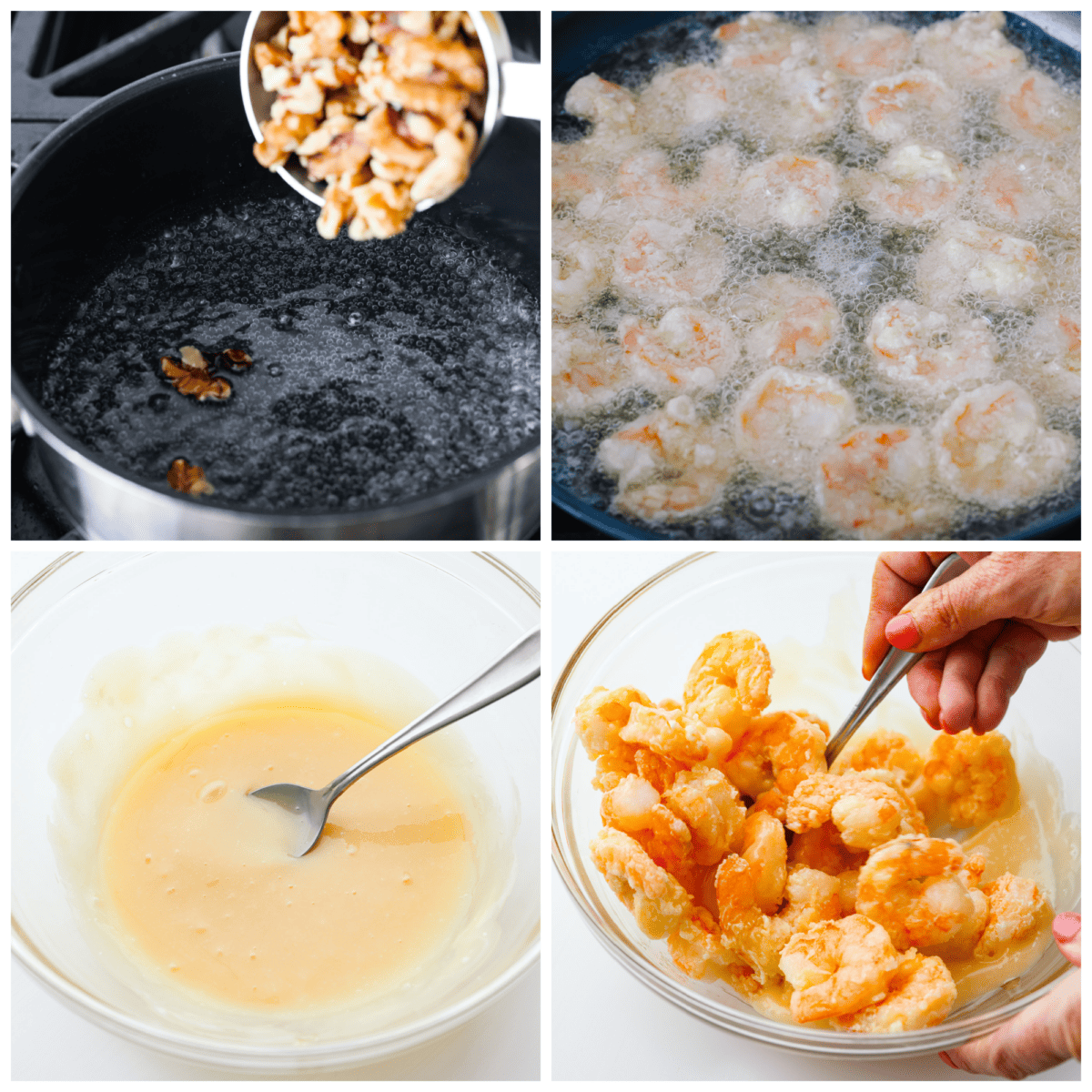 4-photo collage of the shrimp being breaded and fried.
