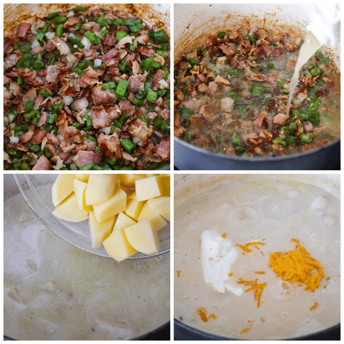 4-photo collage of the jalapeno popper soup being prepared, step-by-step.